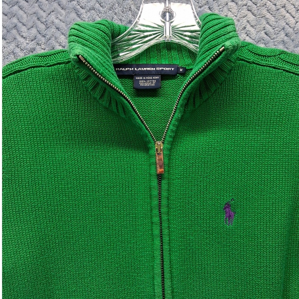 Y2K Ralph Lauren Sport Green Cotton Full Zip Cardigan Sweater Purple Pony Size M